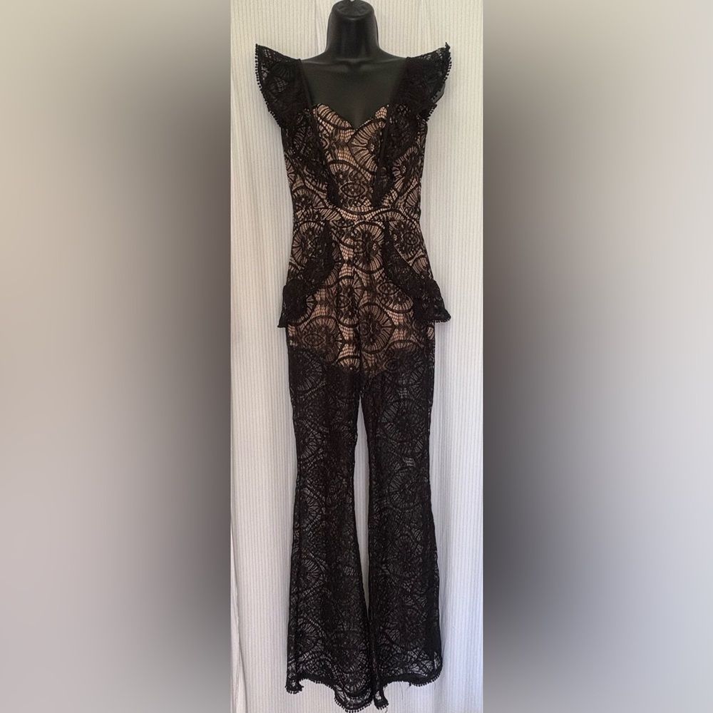 Seven Wonders Black Lace Pantsuit with Nude lining Pockets Size 6